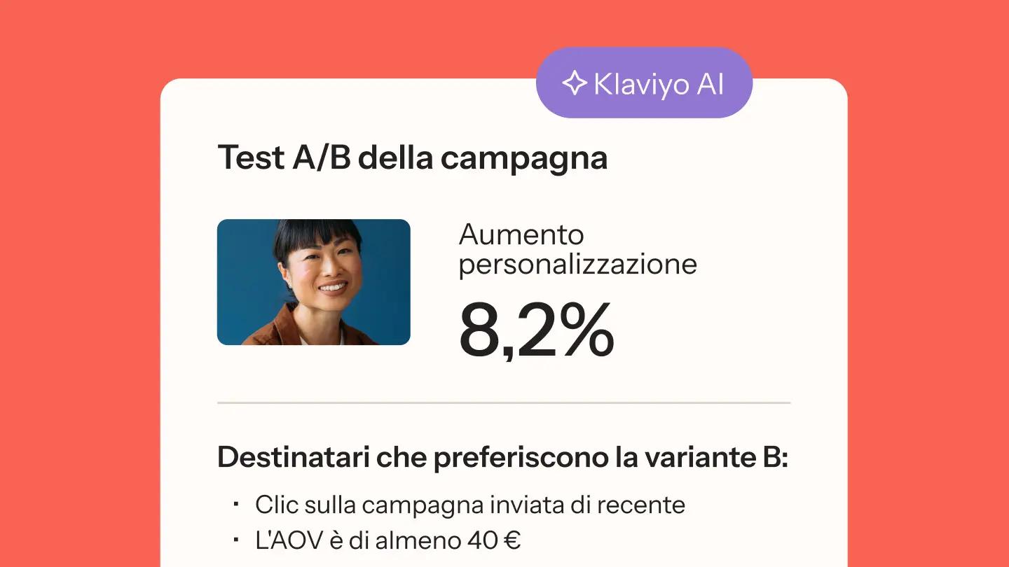 Test A/B della campagna con Klaviyo AI, aumento personalizzazione 8,2%. Include foto di una persona sorridente.