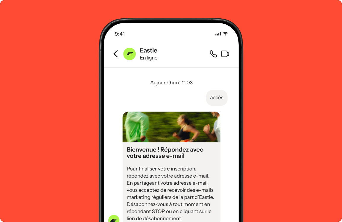 A smartphone displaying a messaging app conversation with 'Eastie', featuring a blurred image of runners and French text asking for an email address, on a red background.
