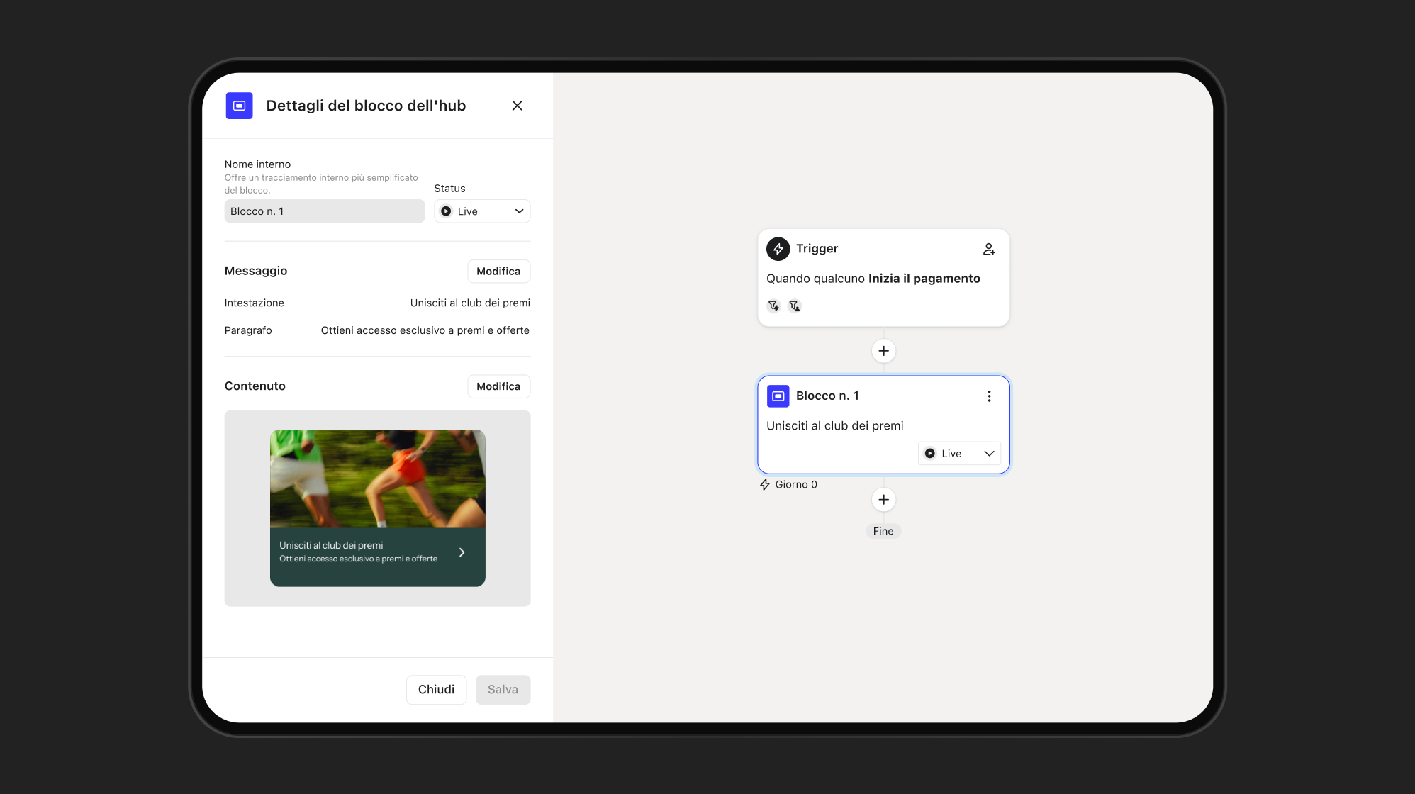 A tablet screen displaying a content management interface with block editing details on the left and a workflow diagram on the right.