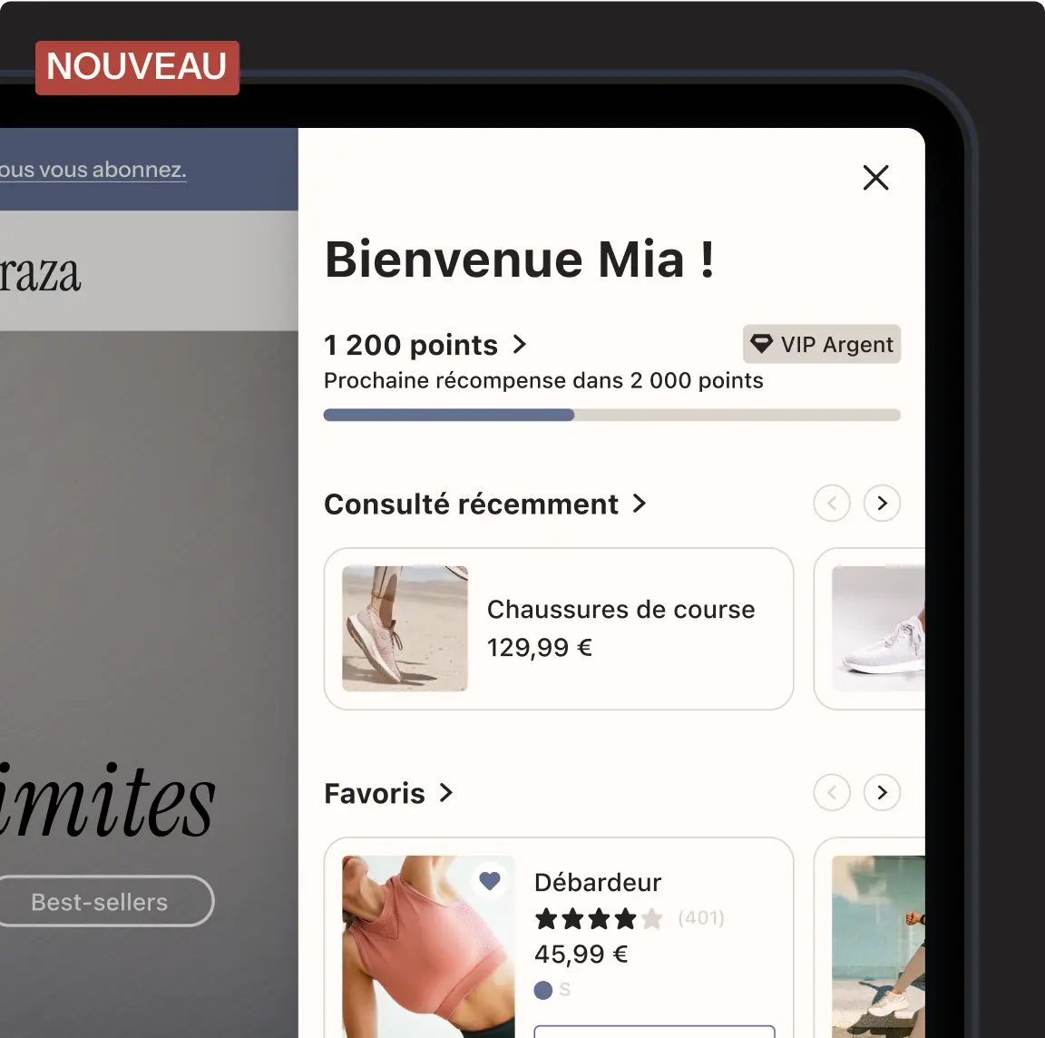 Interface d'une application de fidélité avec un message de bienvenue pour Mia, affichant des points, des articles consultés et favoris.
