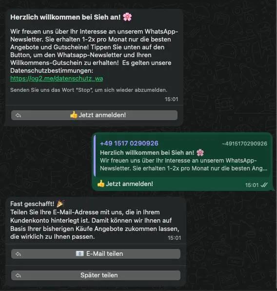 WhatsApp-Nachrichten mit Einladung zum Newsletter von "Sieh an!" und Optionen zur Anmeldung und E-Mail-Teilung.