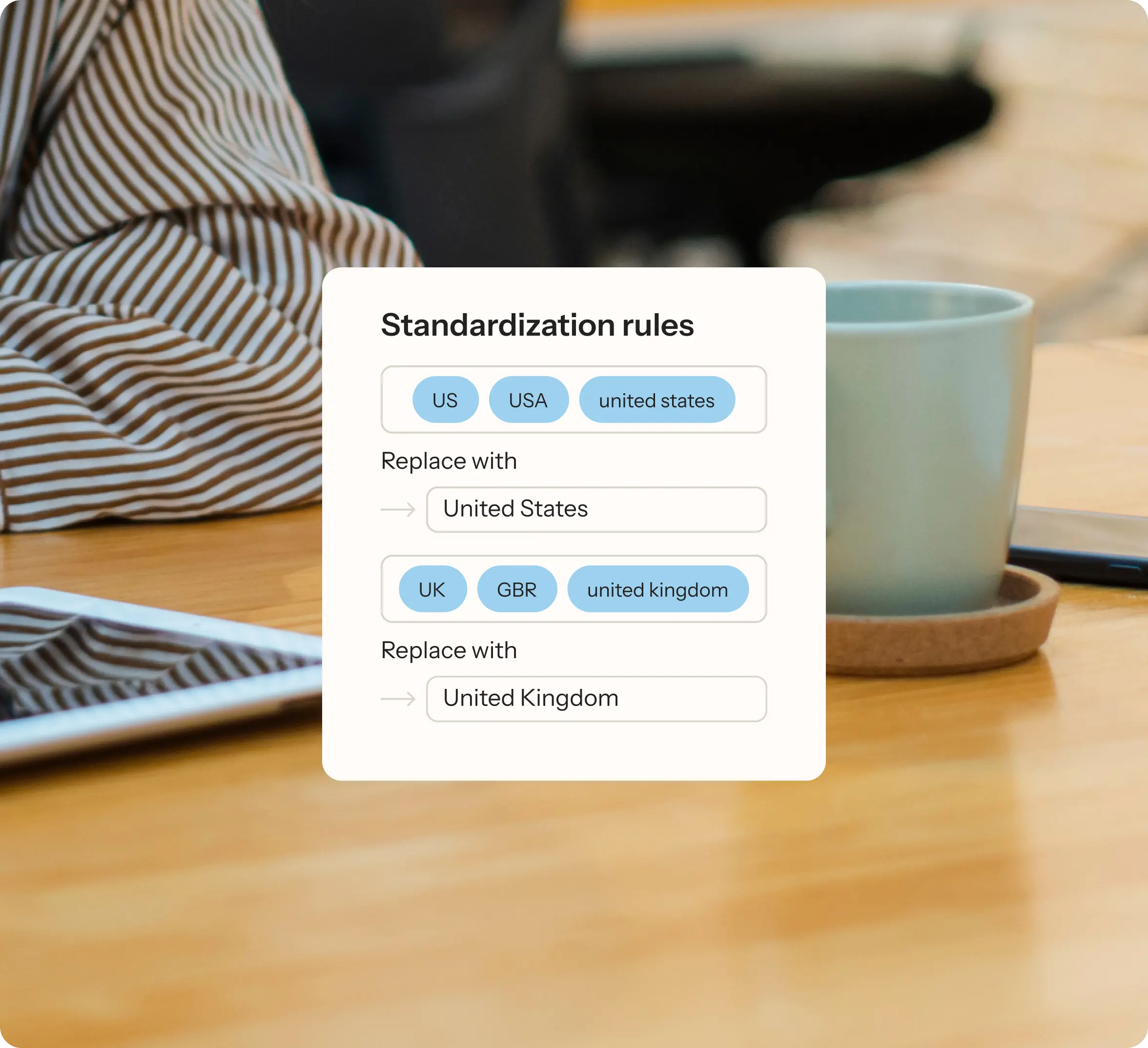 UI card overlaying a workspace image, displaying standardization rules for country names, mapping "US, USA" to "United States" and "UK, GBR" to "United Kingdom."