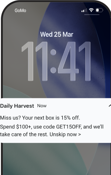 A smartphone lock screen displaying the date Wed 25 Mar, time 11:41, and a Daily Harvest notification offering 15% off with code GET15OFF.