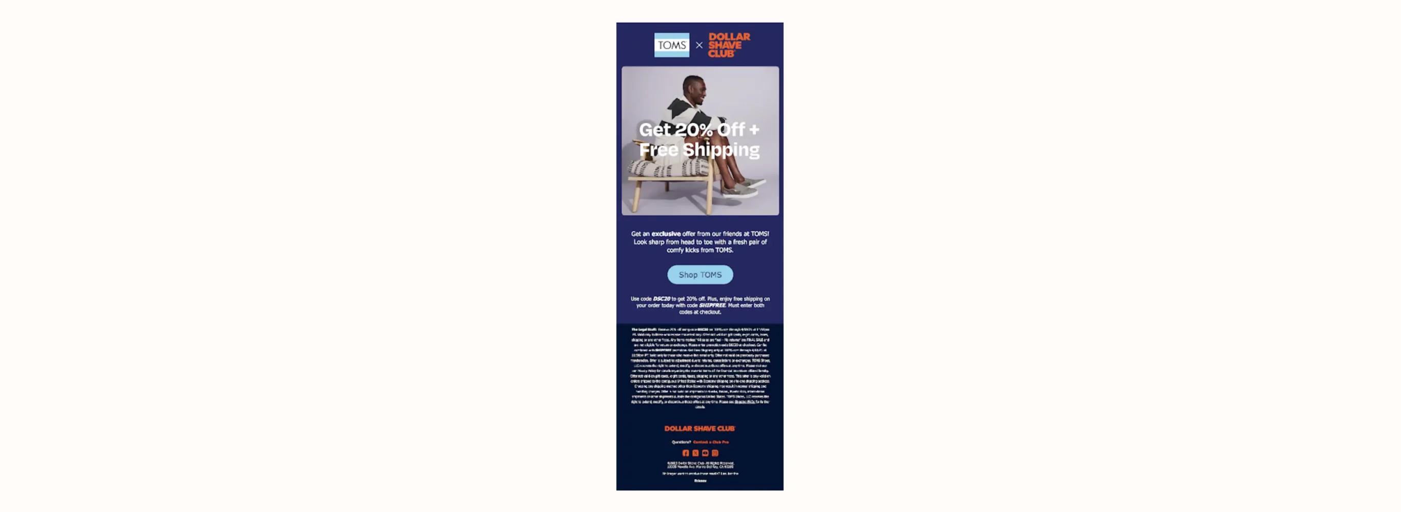 Email advertisement for Dollar Shave Club and TOMS, offering 20% off and free shipping. Features a person sitting on a chair.