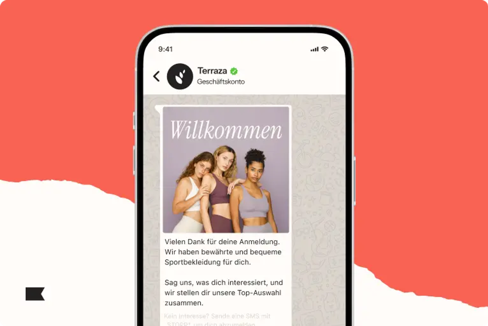 Smartphone zeigt eine WhatsApp-Nachricht von "Terraza" mit einem Bild von drei Frauen in Sportkleidung und dem Text "Willkommen".