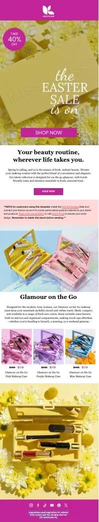 Osterverkauf-Werbung für Kosmetikprodukte mit 40% Rabatt. Enthält Bilder von Make-up-Sets in verschiedenen Farben und Blumenhintergrund.