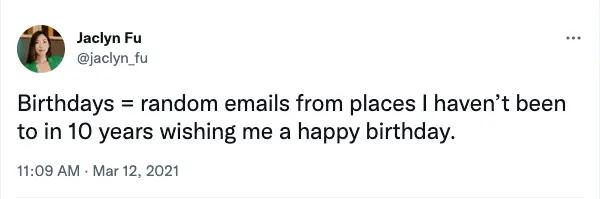 Image shows a tweet warning against overdoing birthday emails