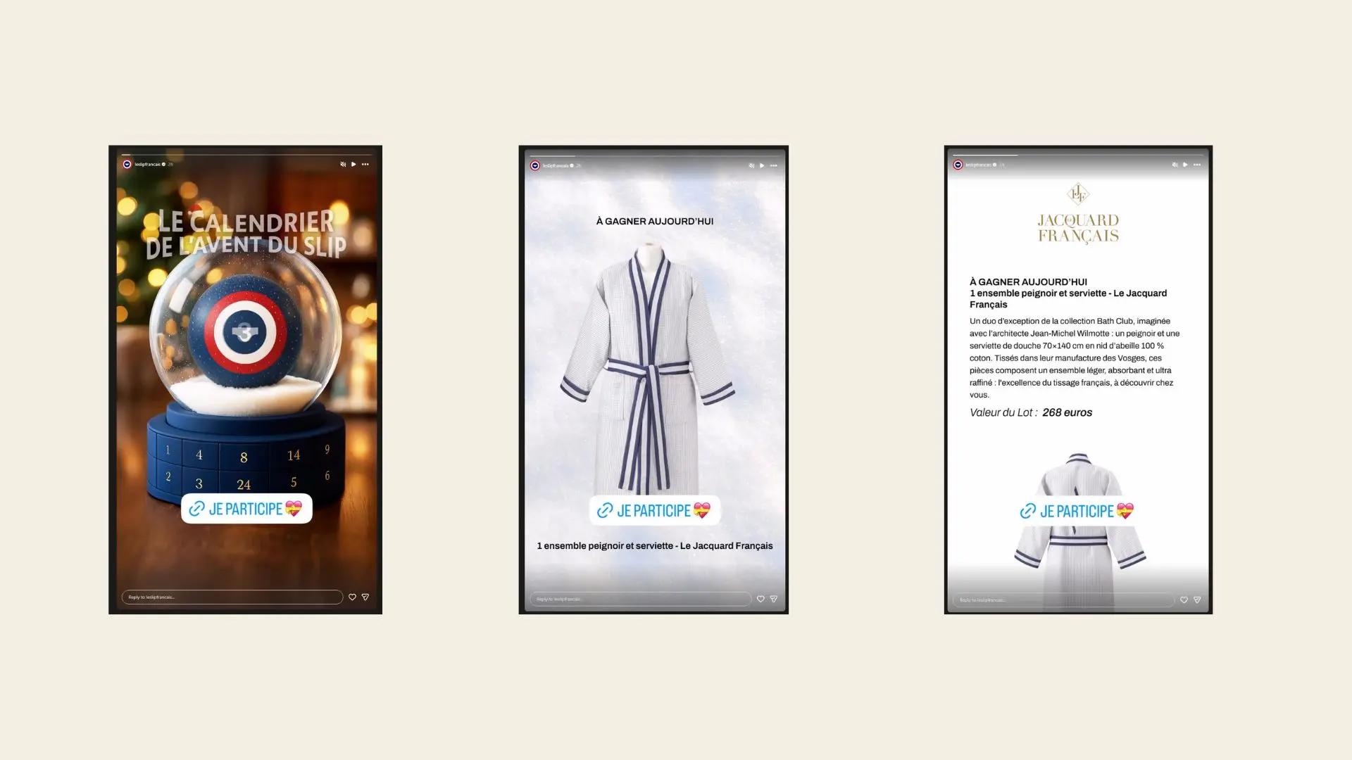 Trois images Instagram Story de Le Slip Français. Première : calendrier de l'Avent. Deuxième : peignoir à gagner. Troisième : détails du concours.