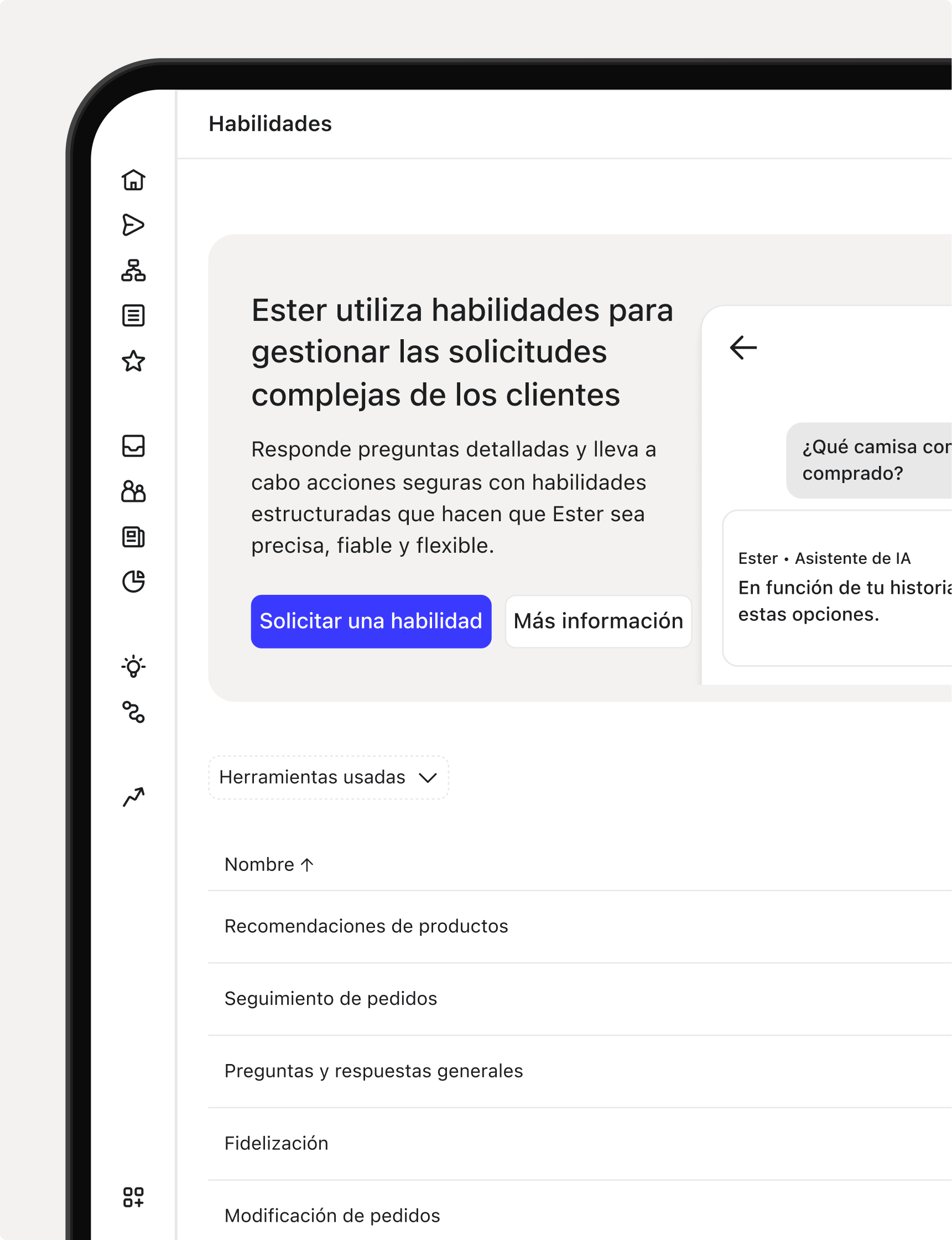 Digital tablet showing a Spanish AI assistant interface, 'Ester,' for managing customer service skills and tools, with a chat window.