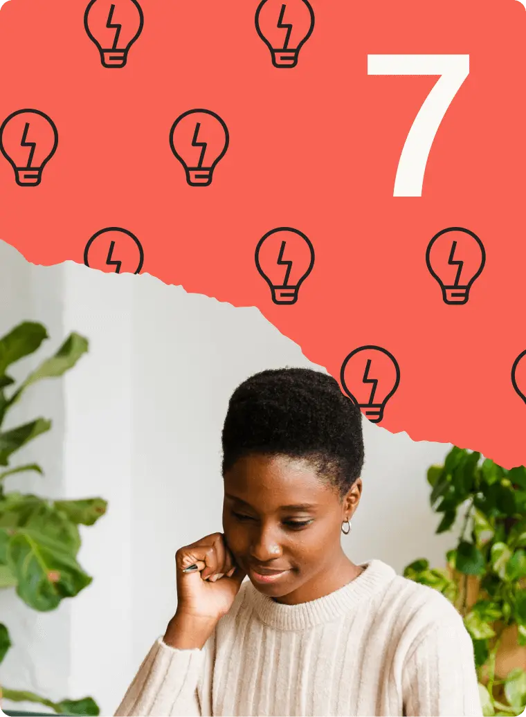 Woman in a beige sweater sits thoughtfully, with a background of lightbulb icons and the number 7.