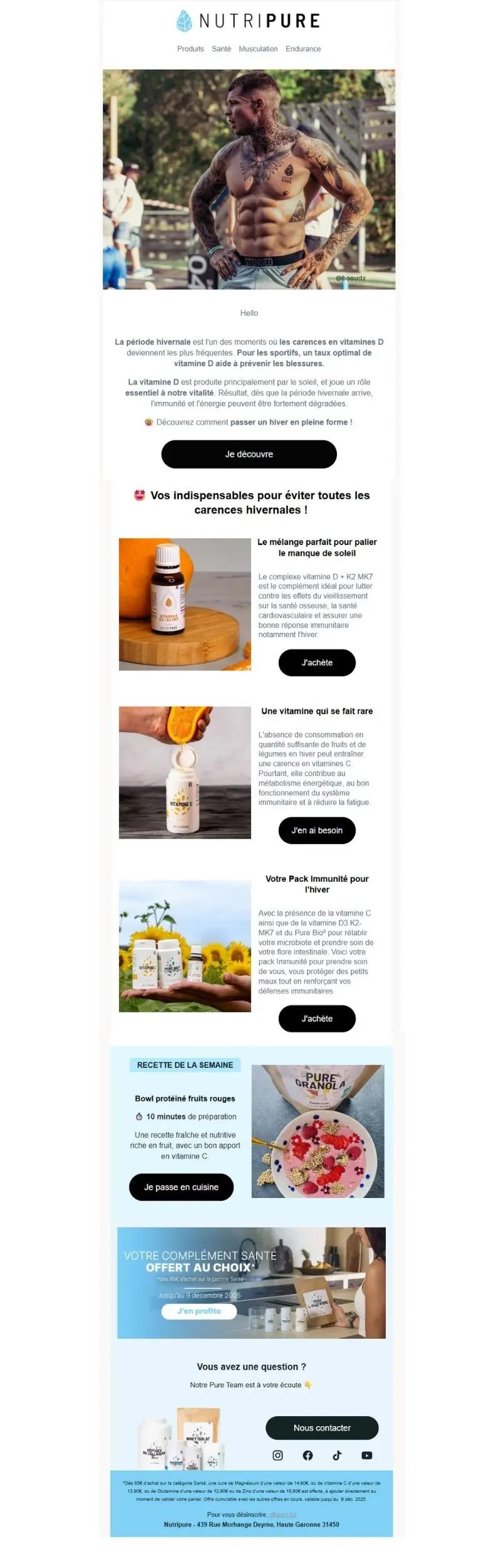 Campagne e-mail NutriPure montrant une campagne hivernale éducative axée sur la santé : un excellent exemple d’engagement pré-soldes.