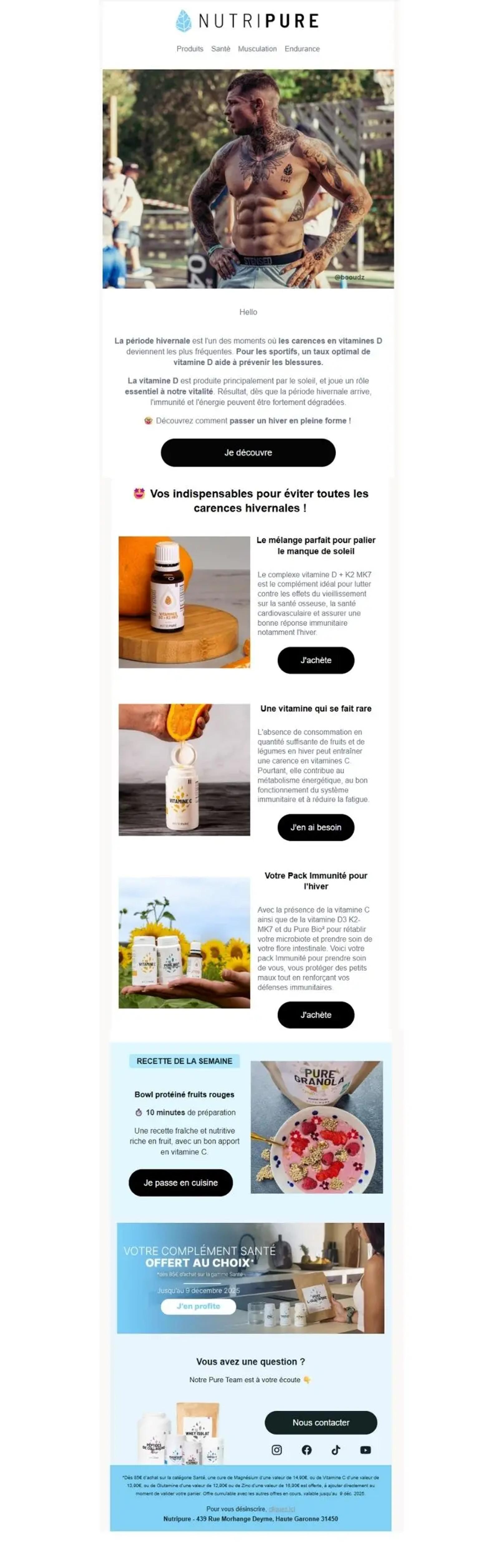 Campagne e-mail NutriPure montrant une campagne hivernale éducative axée sur la santé : un excellent exemple d’engagement pré-soldes.