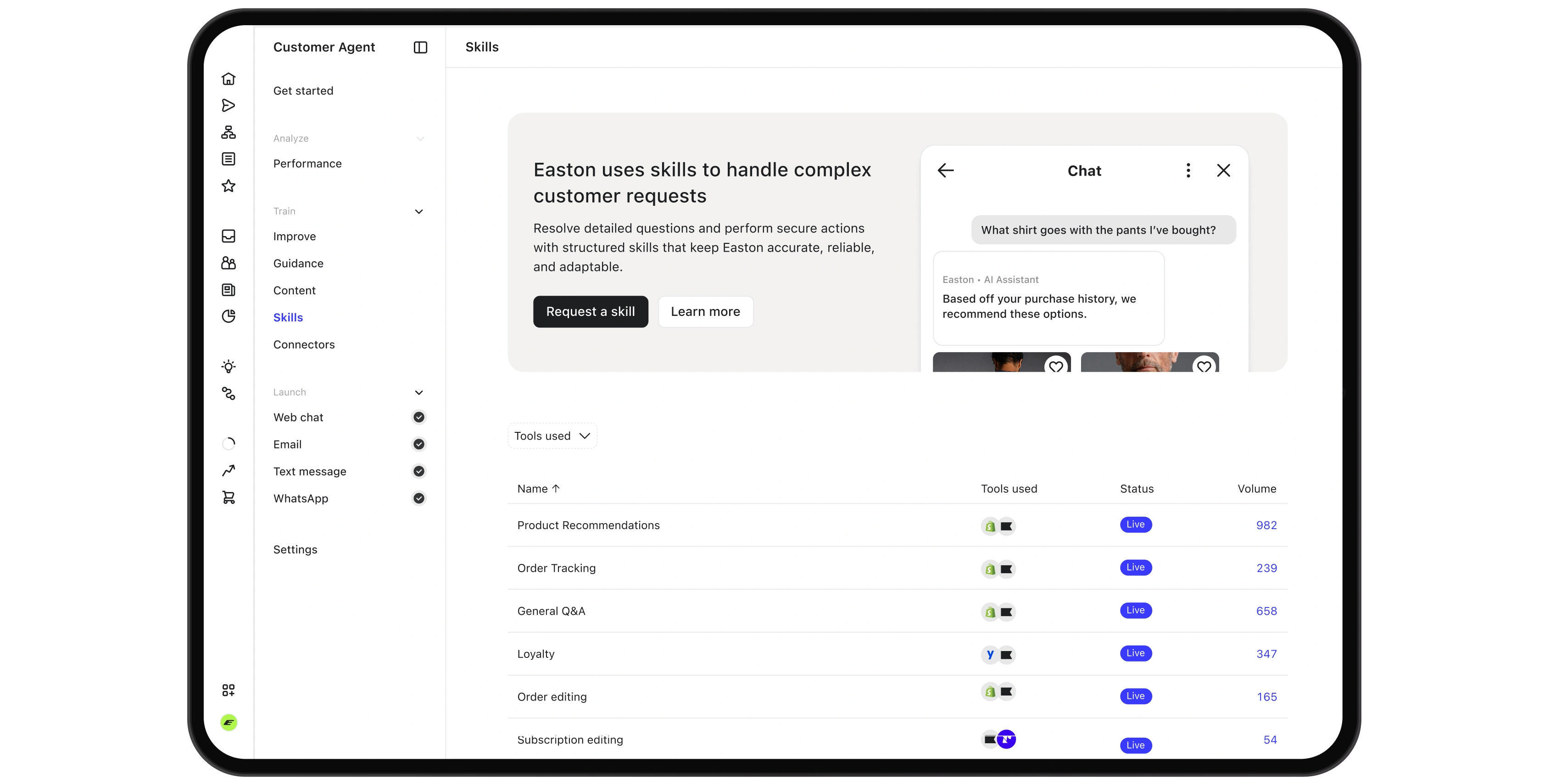 Customer Agent Skills dashboard showing live tools, usage volumes, and a product recommendation chat preview.