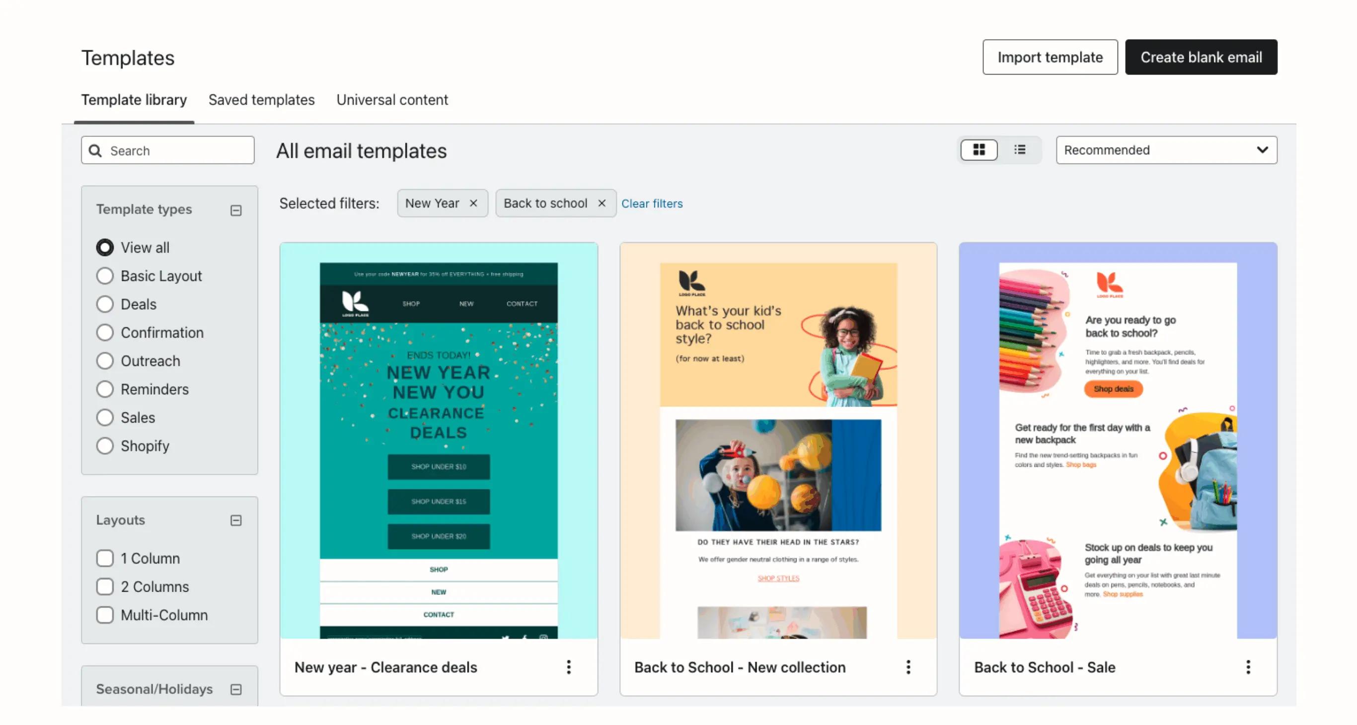 Klaviyo E-Mail-Vorlagenbibliothek mit drei Vorlagen: Neujahrsrabatte, Back-to-School-Kollektion und Back-to-School-Verkauf.