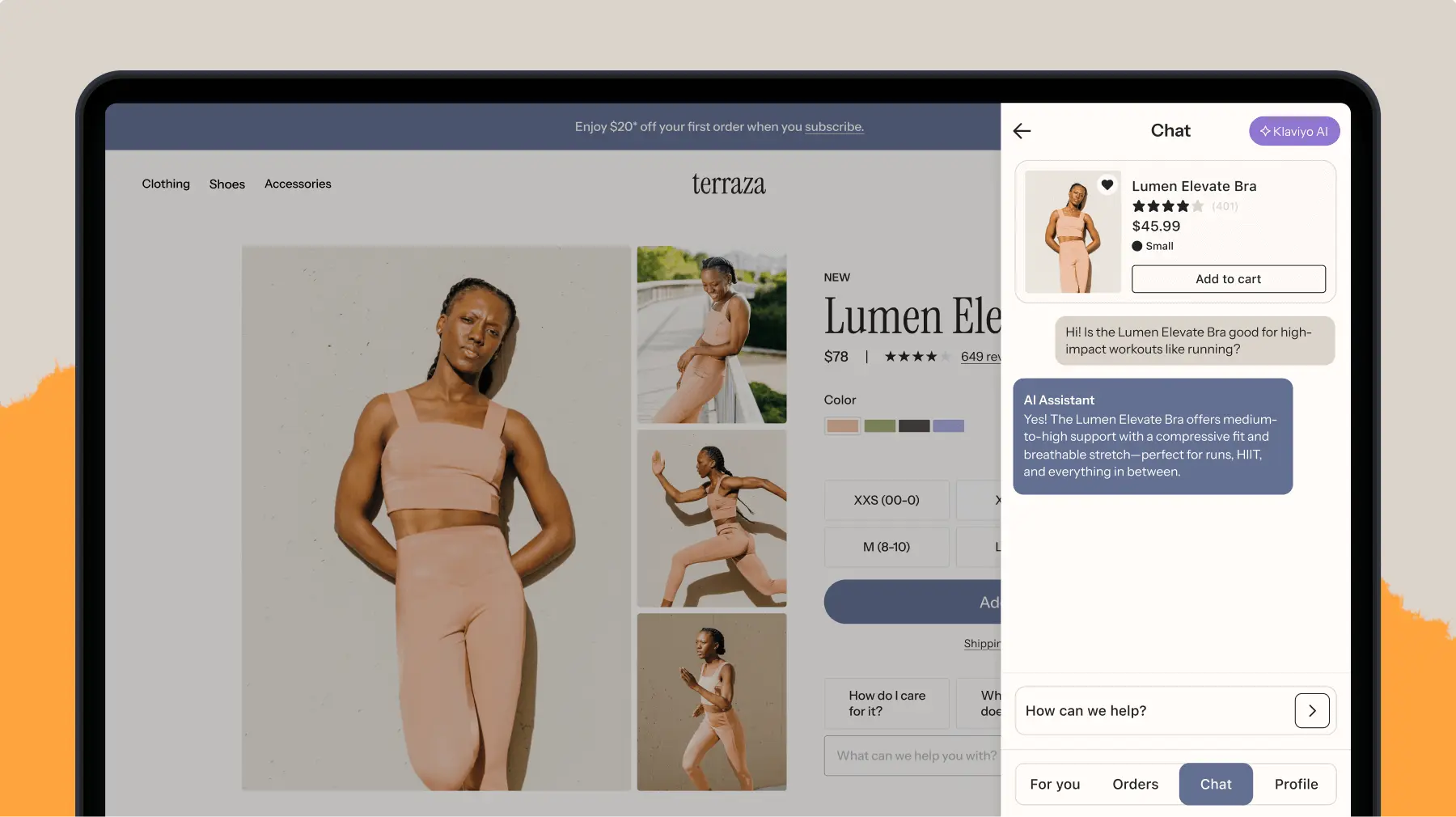 Online shopping interface for "Lumen Elevate Bra" with AI chat support. Model wearing the product, price, and color options displayed.