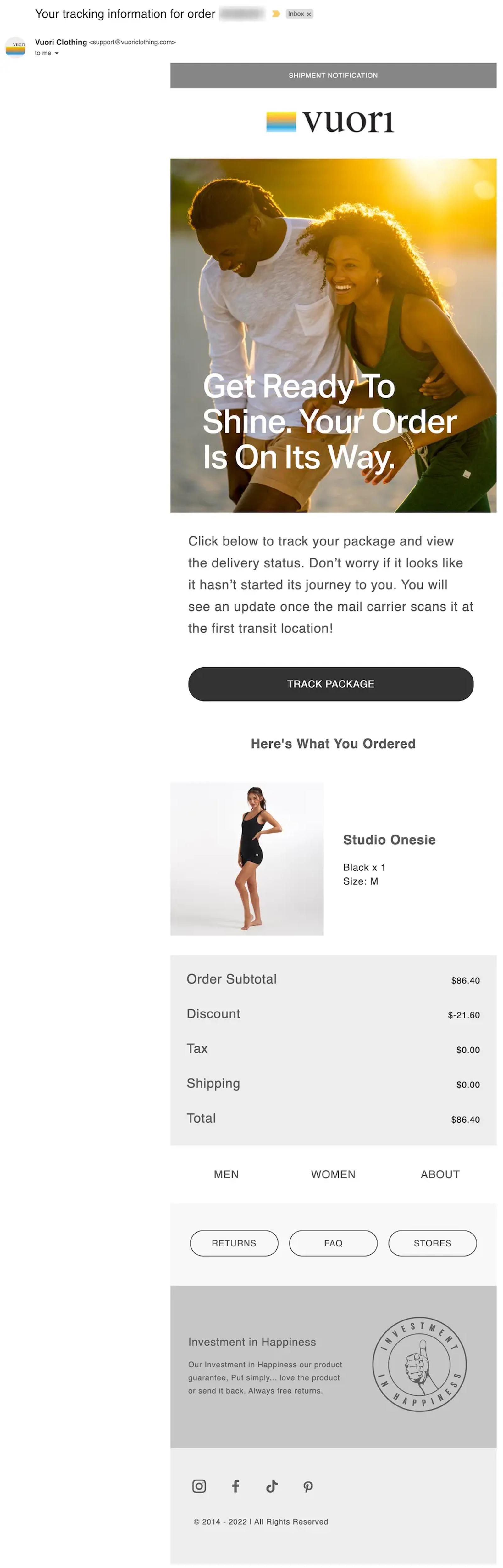 Vuori notifies customers about their recent purchases by including an image of what they bought and adding product information such as color, size, and price.