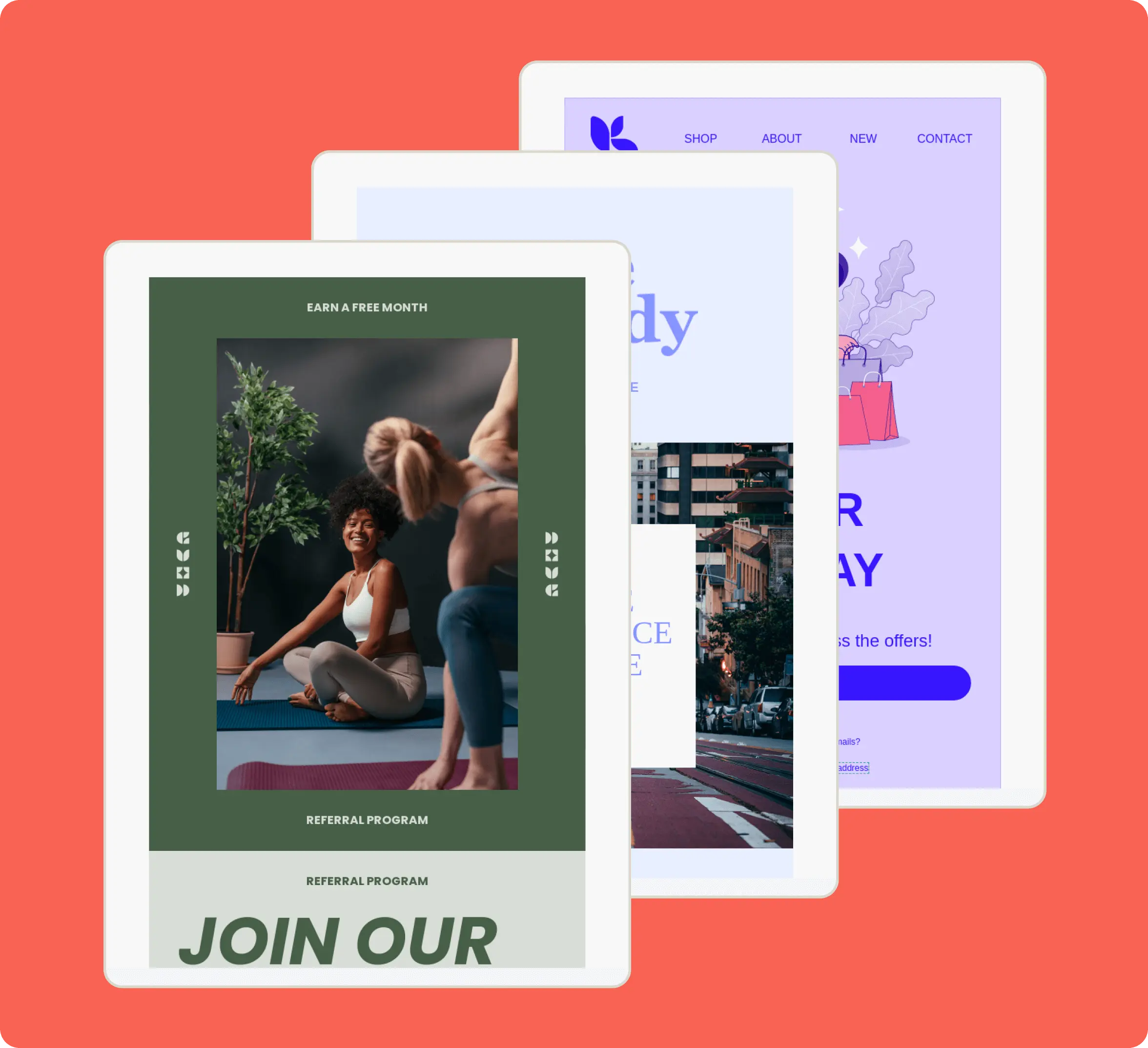 Three overlapping email templates on a red background, featuring a fitness referral program, a cityscape, and shopping theme.