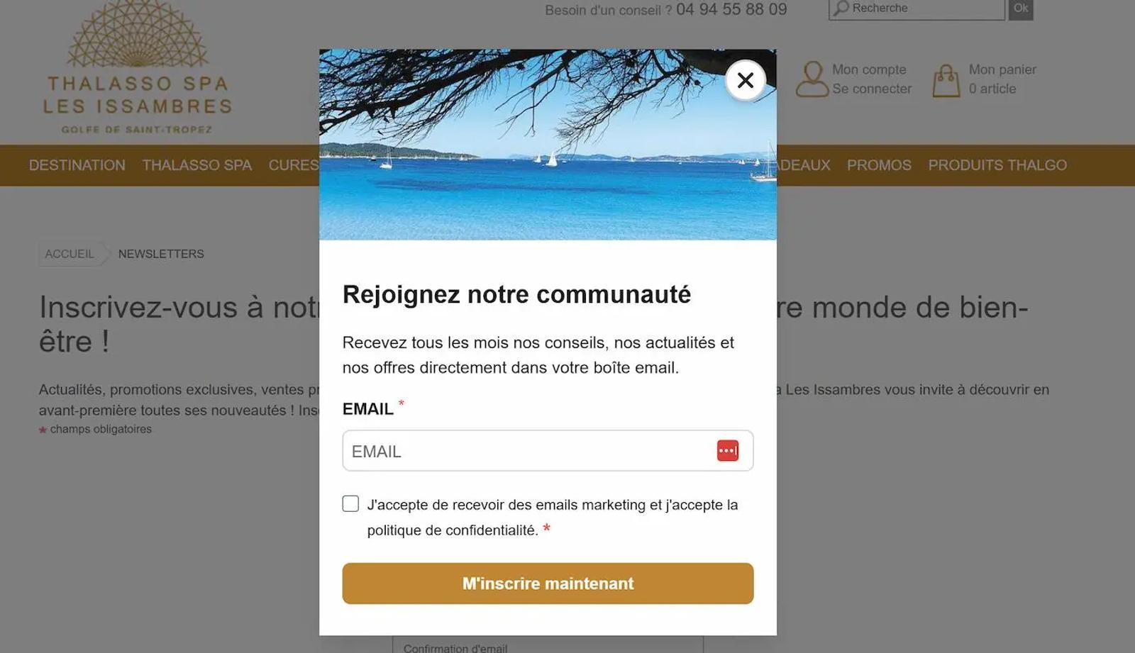 Popup d'inscription à la newsletter de Thalasso Spa Les Issambres, avec champ email et bouton "M'inscrire maintenant".