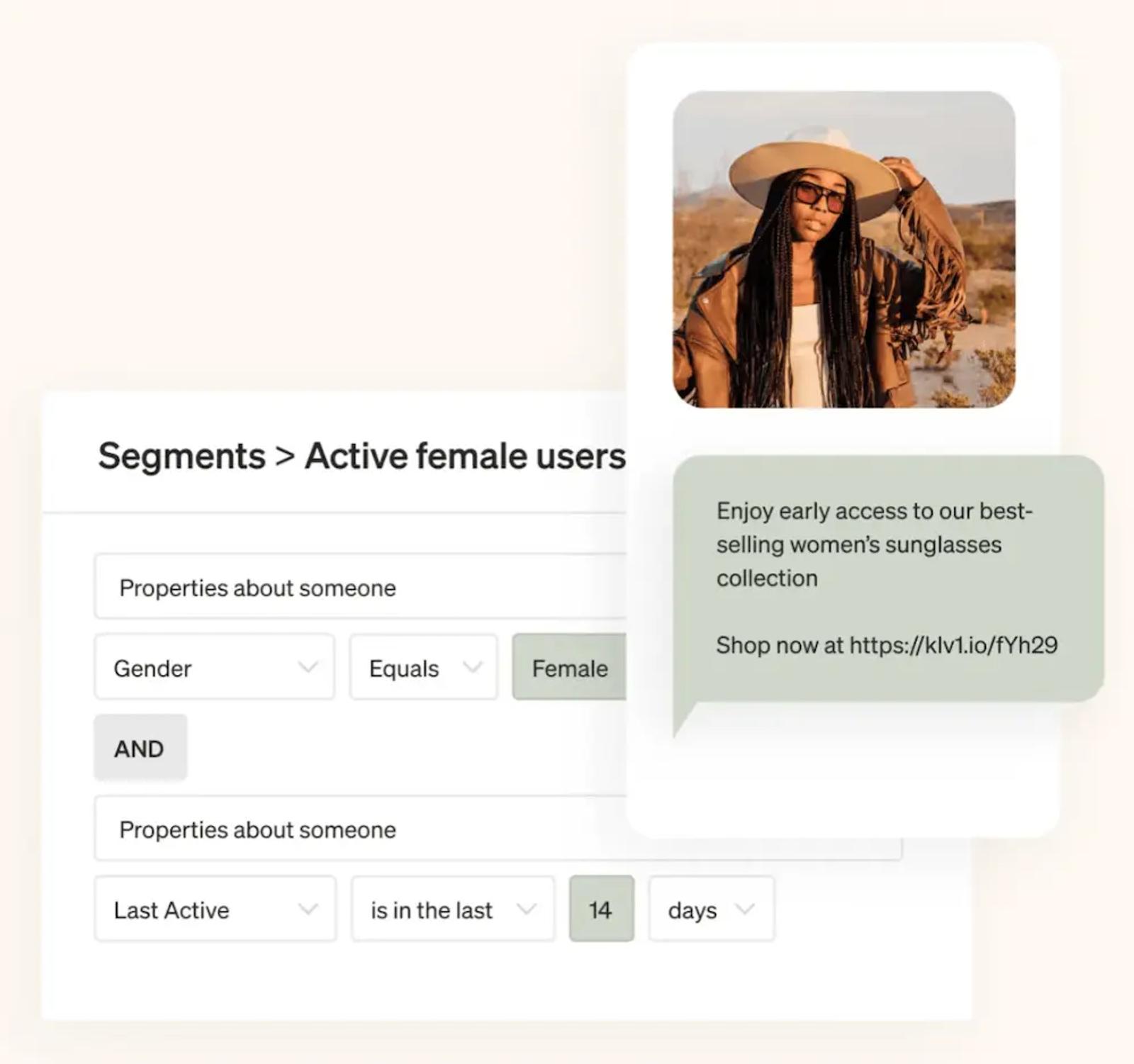 Image shows an example of a segment you can create in the back end of Klaviyo called “Active female users,” based on the properties that someone’s gender is female and they were last active in the last 14 days. Next to the segment dashboard is an example of a text message that might go out to this segment, with a product photo and a message that reads, “Enjoy early access to our best-selling women’s sunglasses collection.”