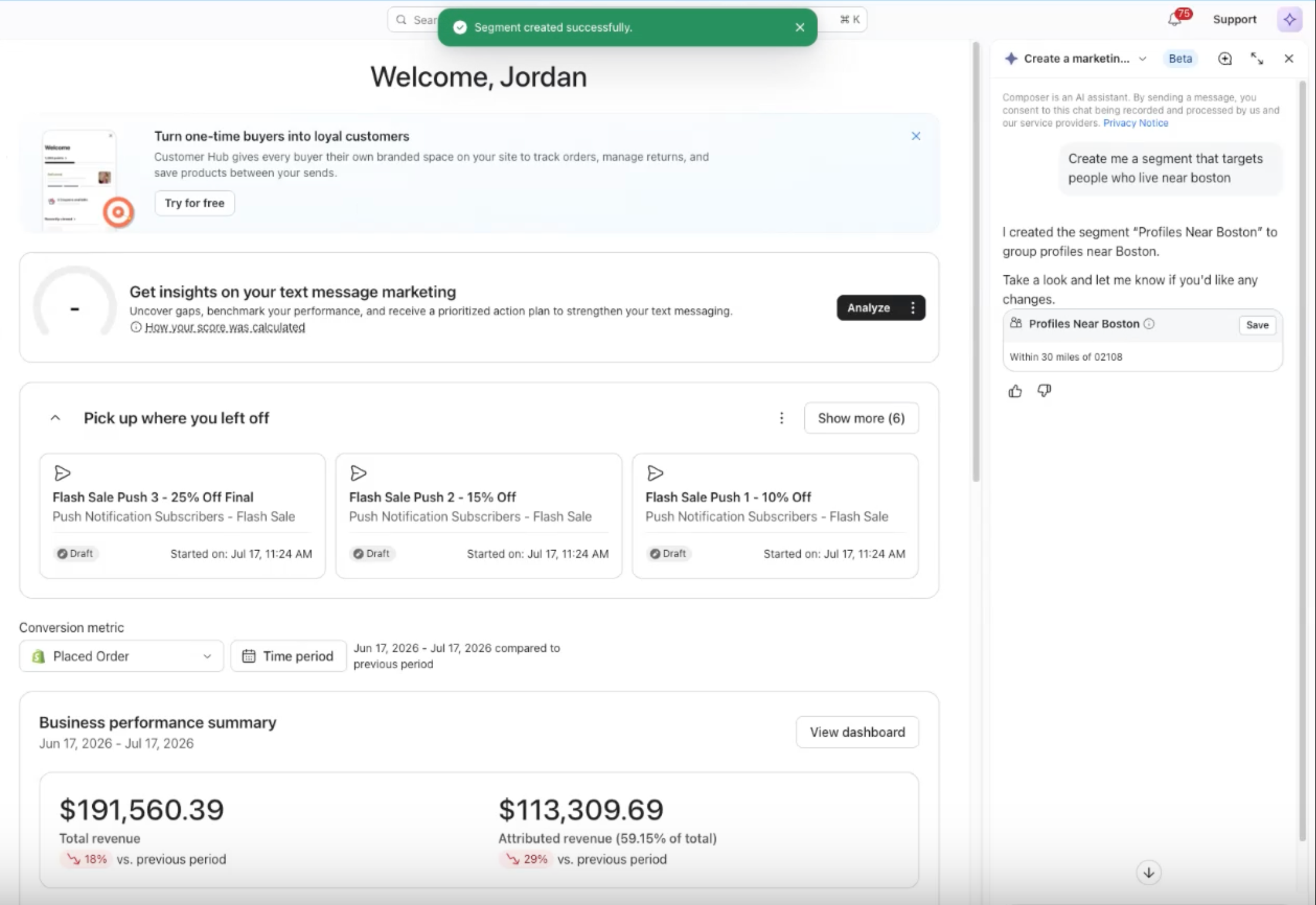 A marketing dashboard showing business performance metrics, ongoing campaigns, and an AI assistant creating a new customer segment for Boston profiles.