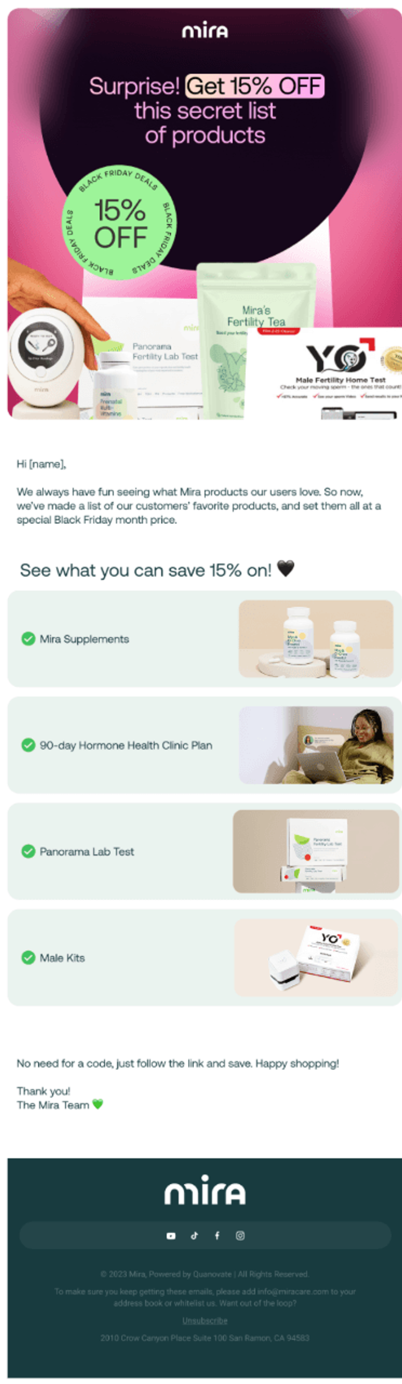Mira email announcing 15% off Black Friday deals on fertility products including trackers, tests, and supplements.