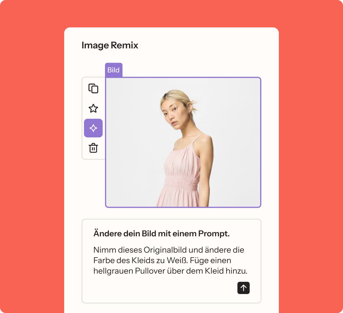 Bildbearbeitungsoberfläche mit einer Frau in einem rosa Kleid; Prompt ändert die Farbe des Kleids zu Weiß