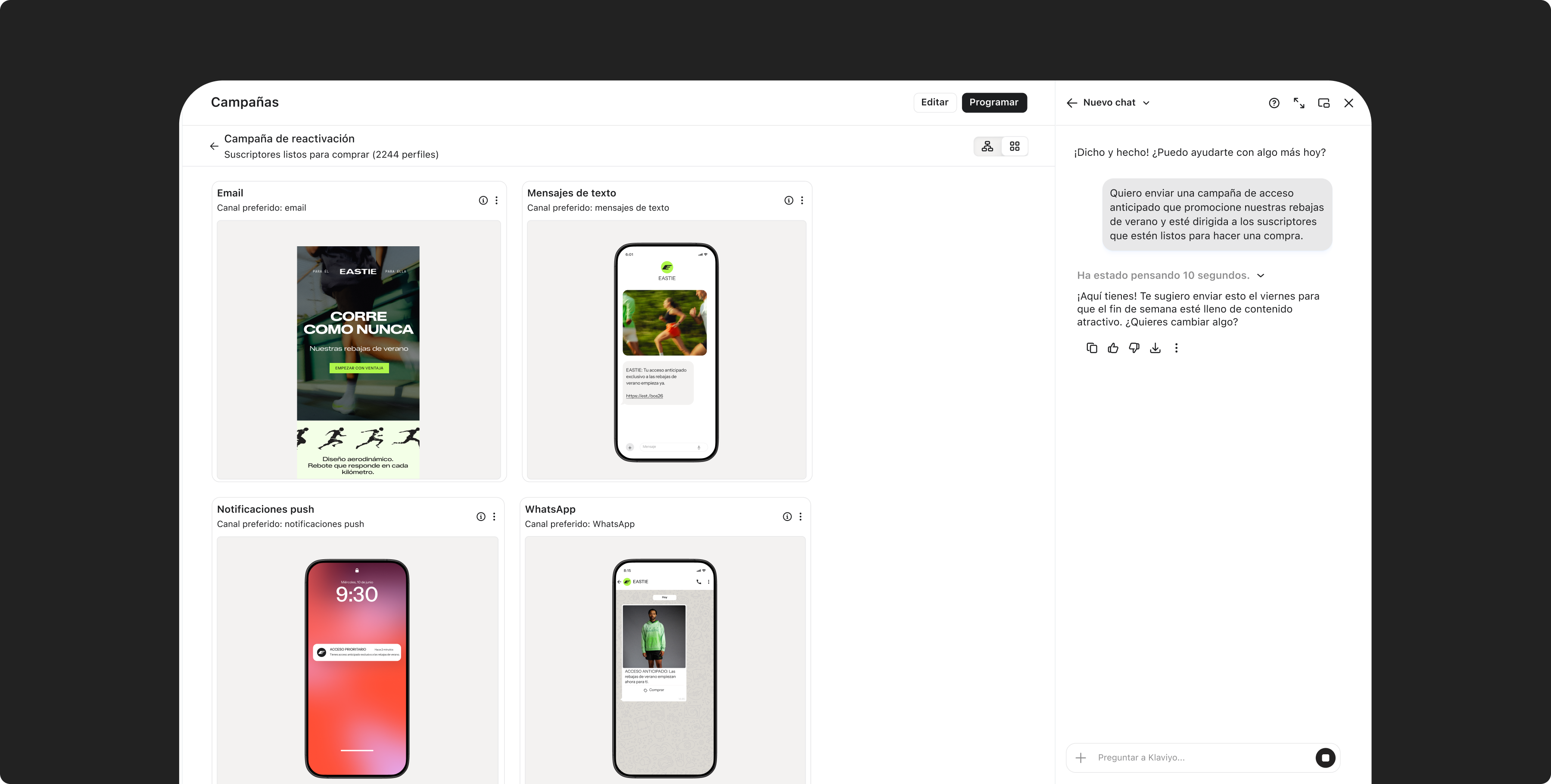 A digital marketing platform displaying campaign previews for email, text, push notifications, and WhatsApp, with an AI chat assistant for campaign creation in Spanish.