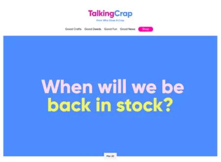 Who Gives a Crap blog homepage shows an informational article title, "When will we be back in stock?"