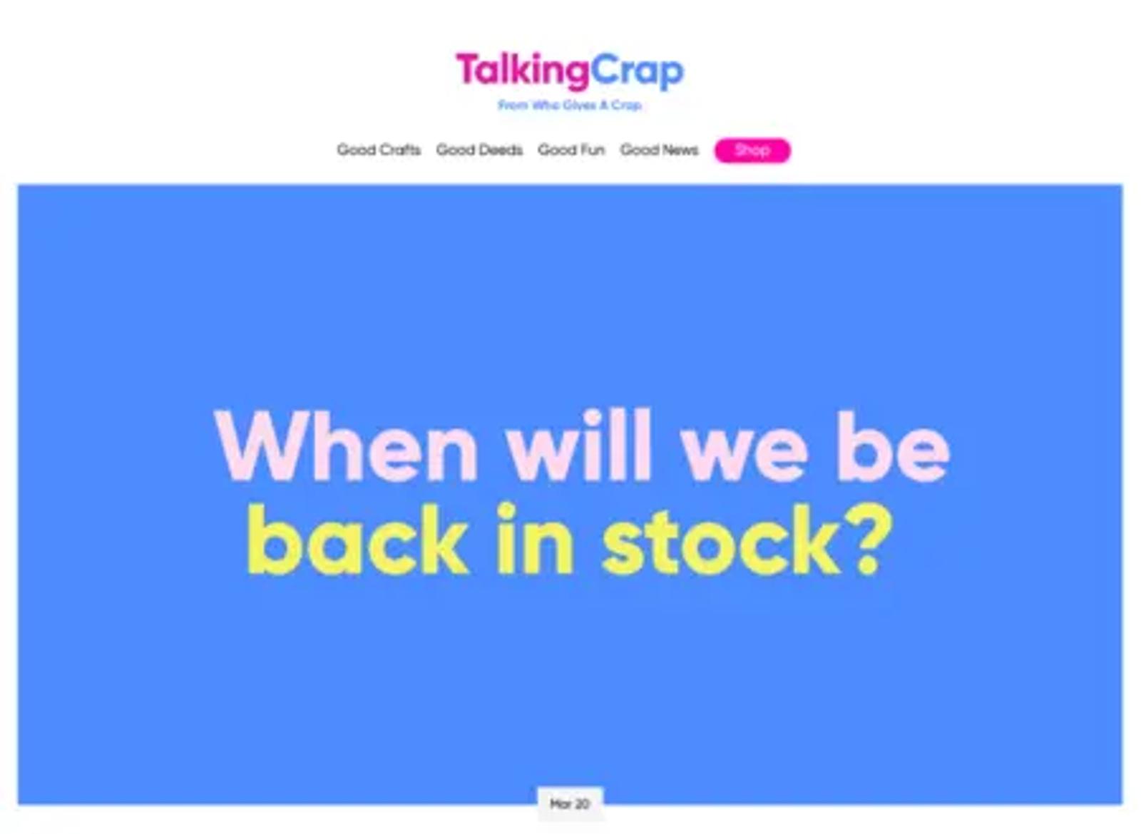 Who Gives a Crap blog homepage shows an informational article title, "When will we be back in stock?"