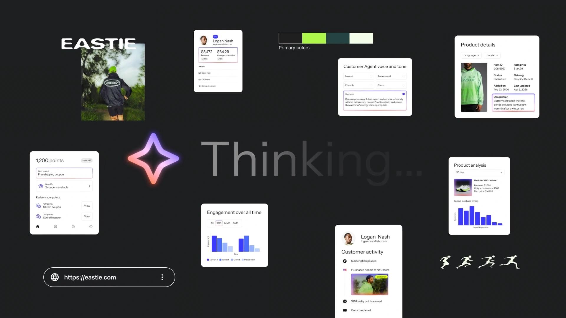 A dark-themed interface design showing multiple UI cards with data, product details, analytics, and brand elements for 'EASTIE', including a glowing star and 'Thinking...' text.