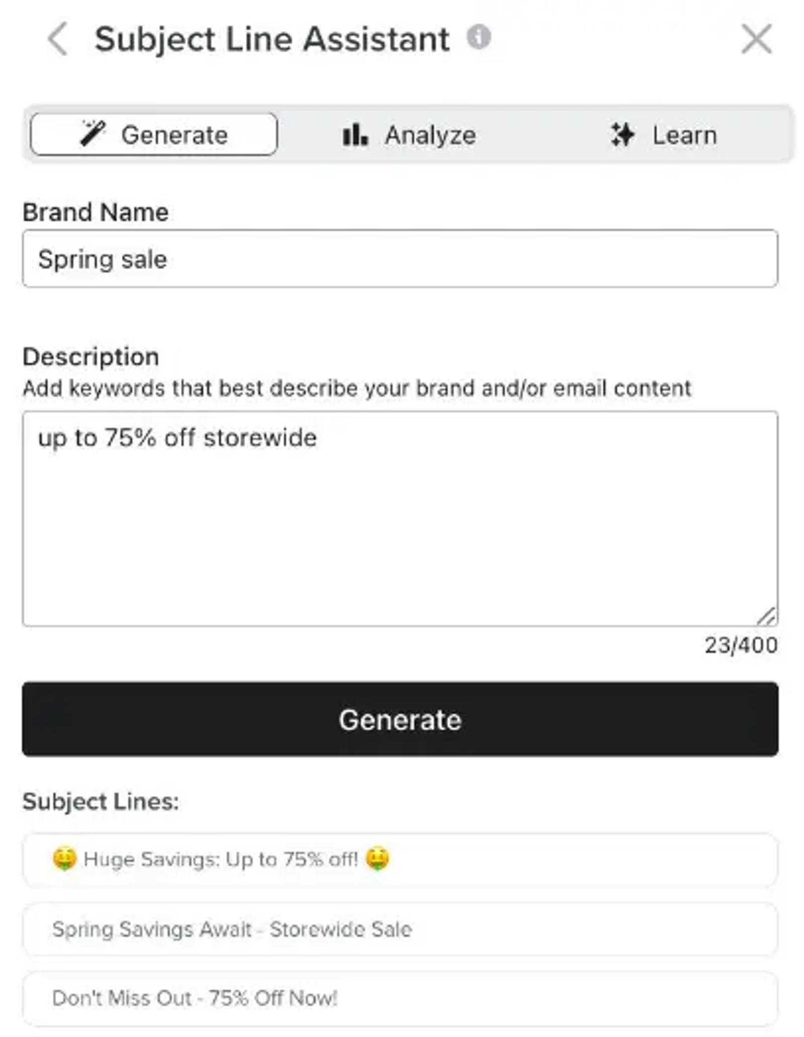 Image shows Klaviyo’s subject line assistant in action, with fields for “Brand name” and “description” along with a CTA button that reads “Generate” and 3 example subject lines.