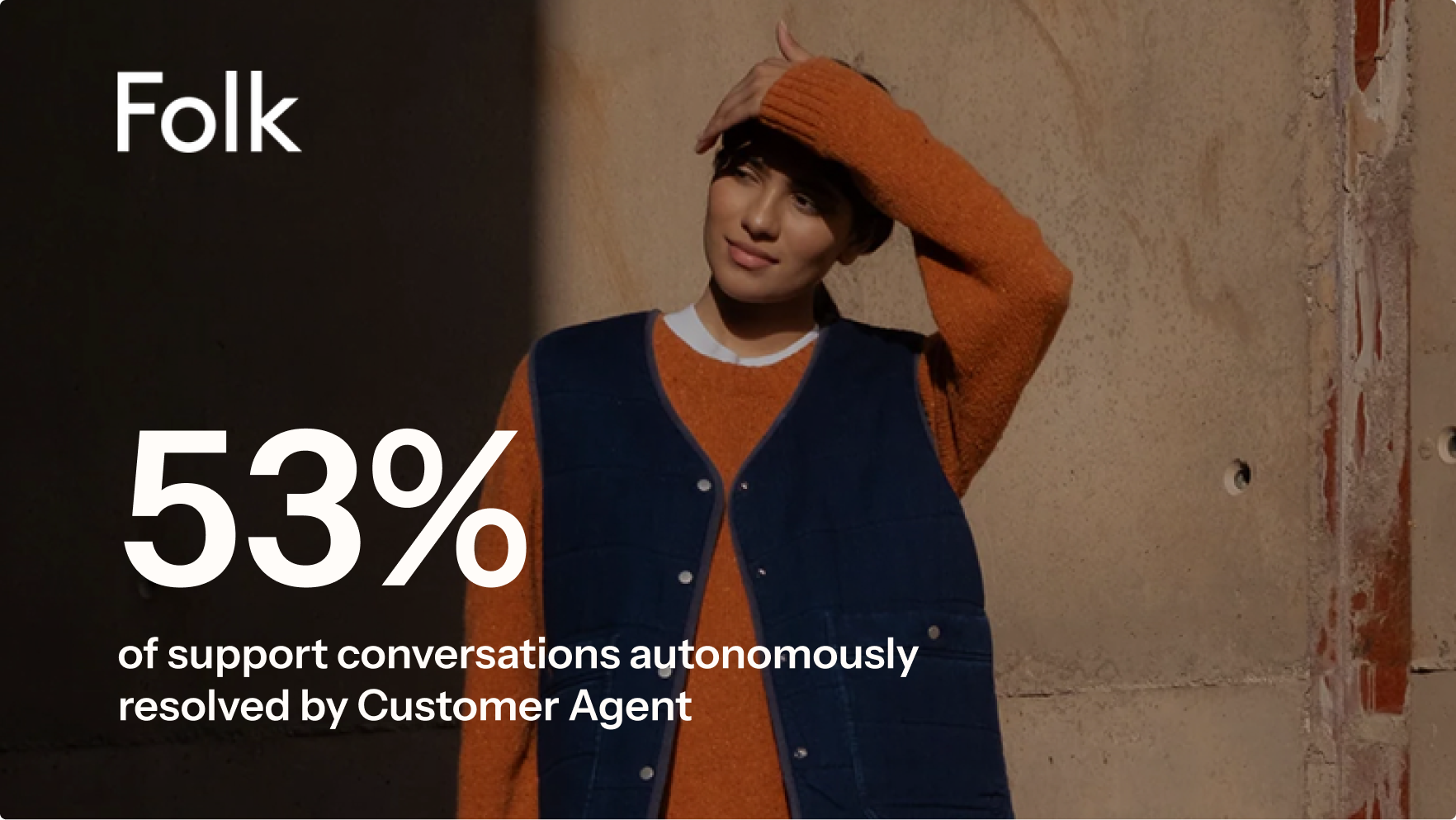 Brand image featuring a person in casual clothing with overlay text stating “53% of support conversations autonomously resolved by Customer Agent."