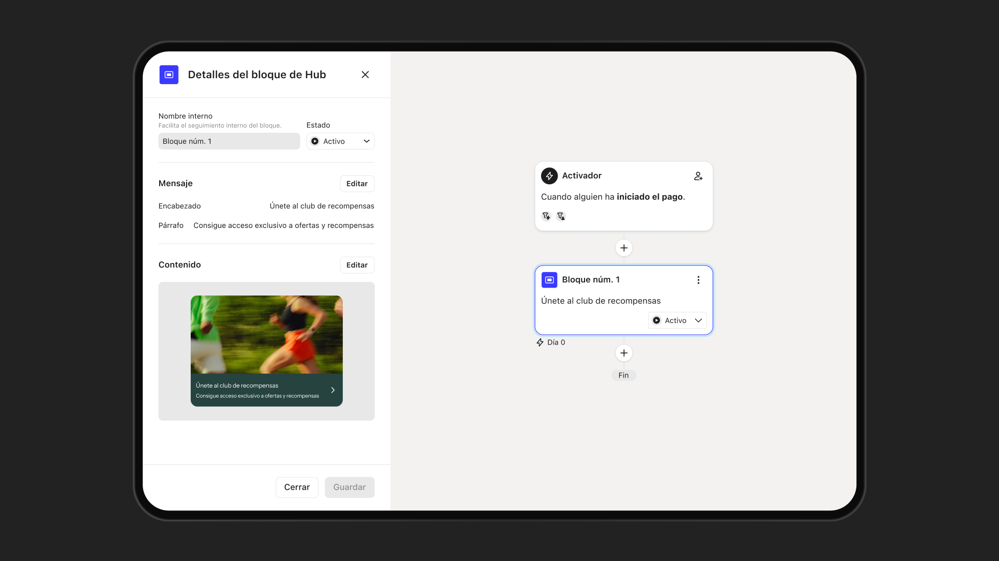 Configuration UI for a 'Hub block', showing input fields, an image of runners promoting 'Join the rewards club', and a workflow diagram triggered by payment initiation.
