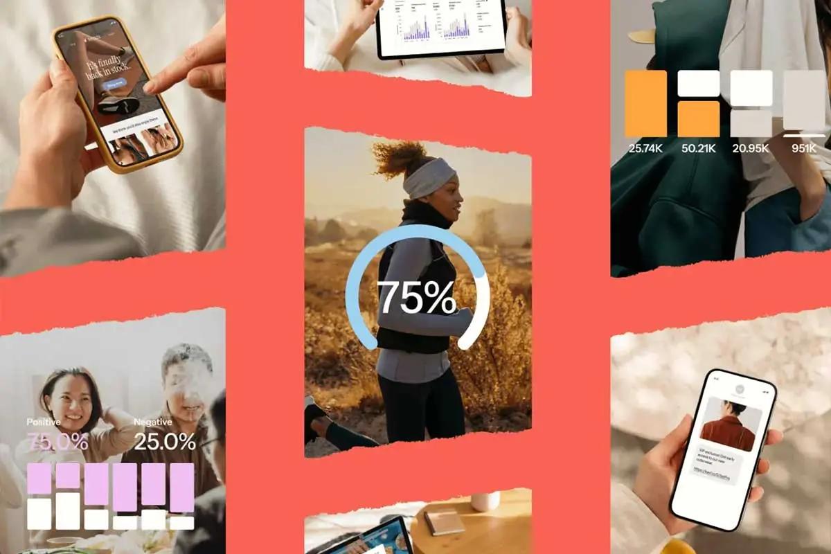 Collage of various images: a person using a smartphone, a tablet with graphs, a runner with a 75% progress circle, and people with sentiment analysis percentages.