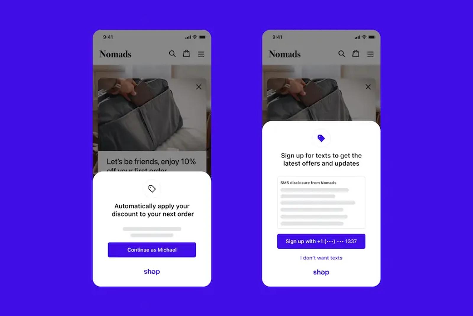 Shop app email and SMS opt-in form