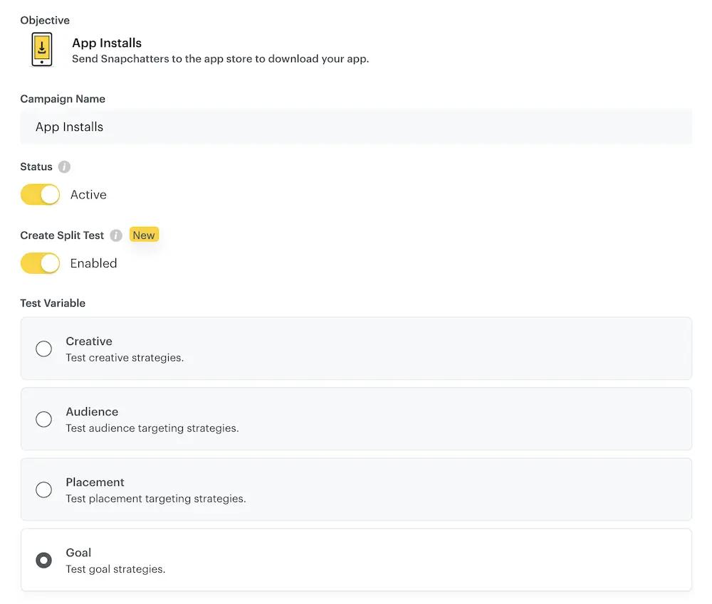 Image shows an A/B test in Snapchat, which features fields for campaign name, test status, and test variable. The user in this instance has selected the test variable “goal,” to test goal strategies.