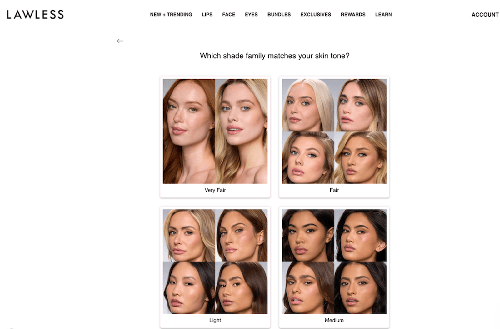 Lawless website's skin tone matching tool showing models grouped into Very Fair, Fair, Light, and Medium categories.