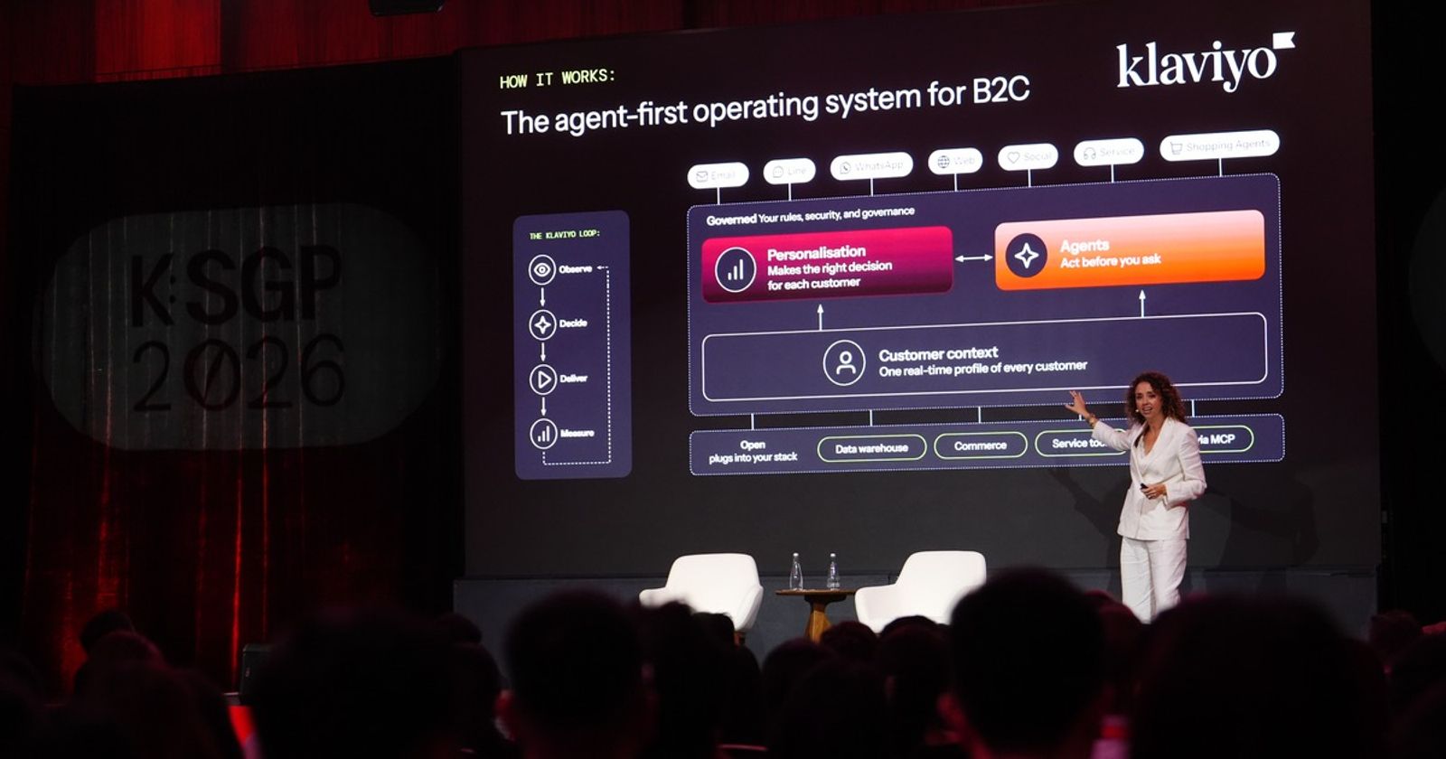 A woman presents on stage, pointing to a large screen displaying a Klaviyo diagram for an "agent-first operating system for B2C."