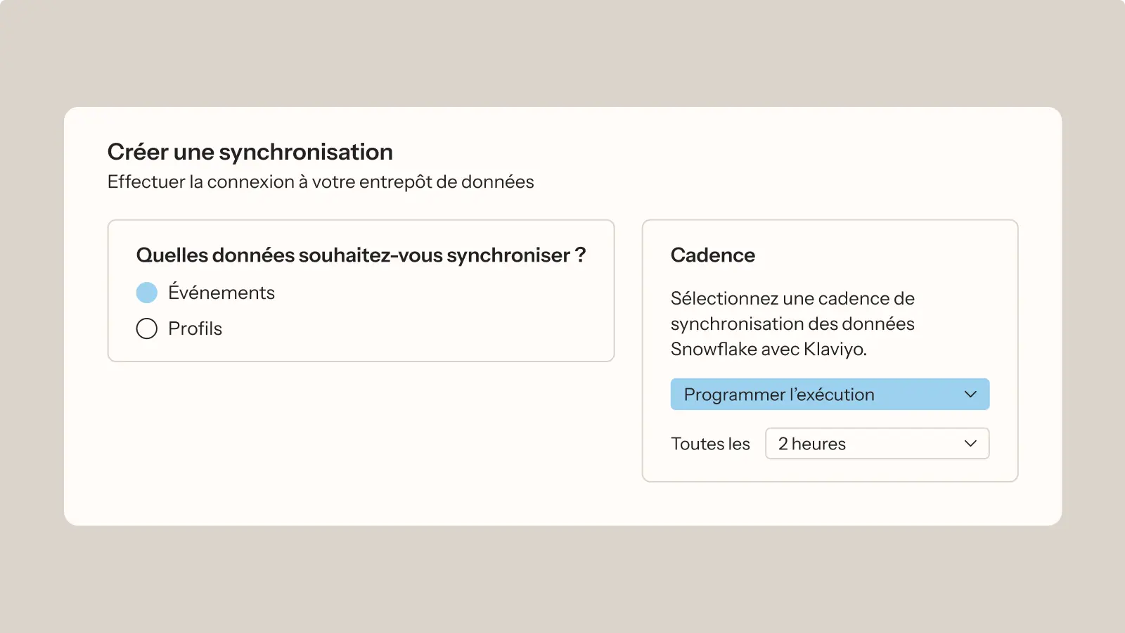 Interface de synchronisation de données avec options pour synchroniser des événements ou des profils et définir la cadence avec Snowflake.