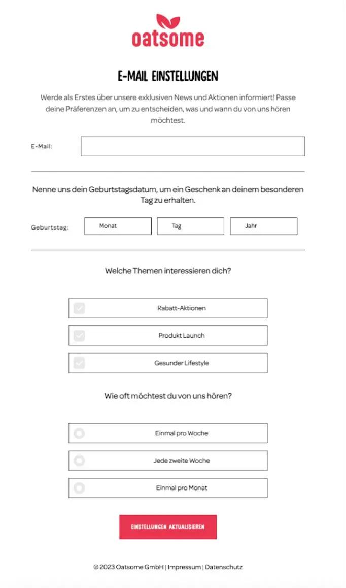 Oatsome E-Mail-Einstellungen Formular mit Feldern für E-Mail, Geburtstag und Themenauswahl. Optionen für Benachrichtigungshäufigkeit.