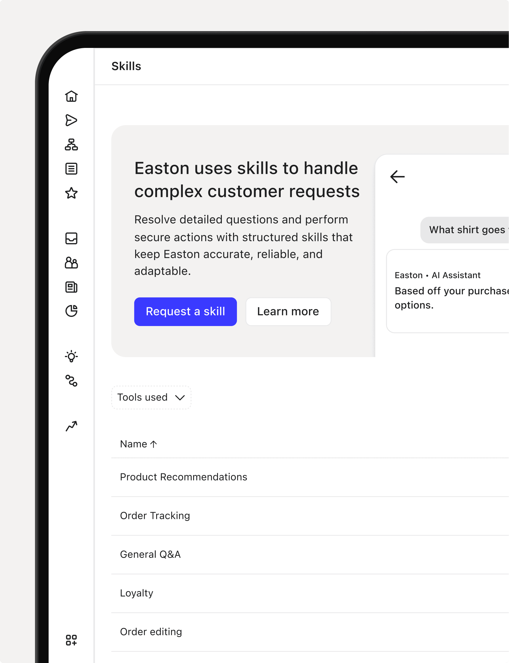 AI assistant interface displaying a "Skills" section, detailing its ability to handle complex customer requests and listing tools like product recommendations and order tracking.
