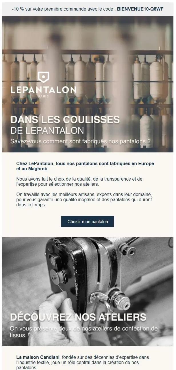 Email promotionnel de LePantalon avec un code de réduction, images de bobines de fil et d'une machine à coudre, texte sur la fabrication.