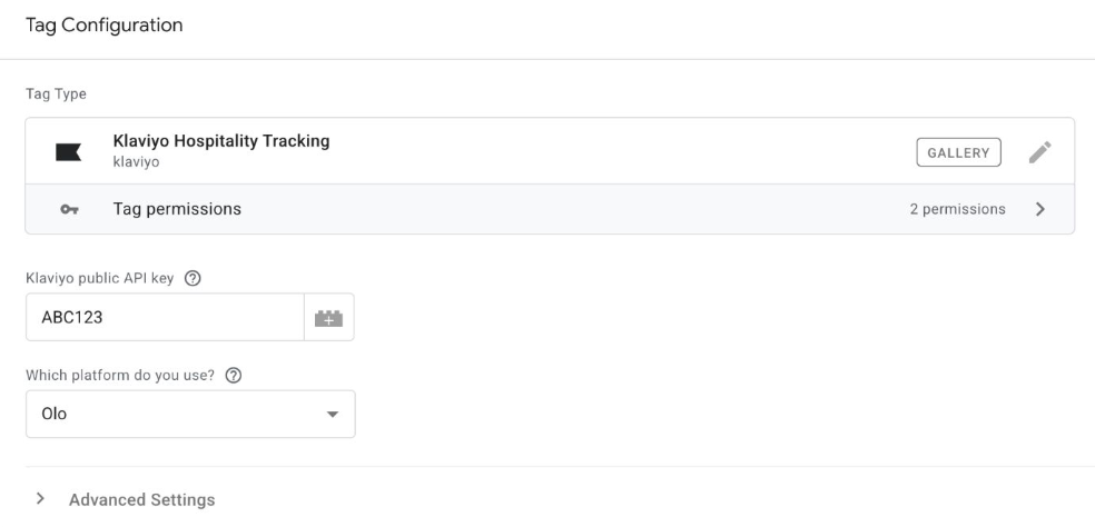 Tag configuration screen for Klaviyo Hospitality Tracking, showing API key ABC123 and Olo selected as the platform.