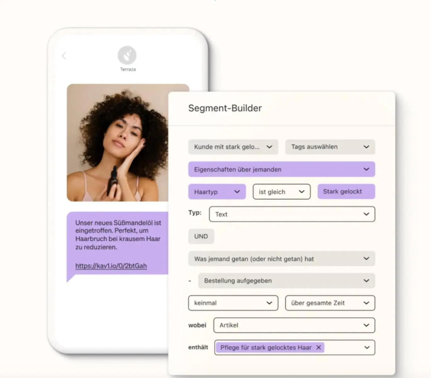Smartphone mit Bild einer Frau und Text über Süßmandelöl. Daneben der Klaviyo Segment-Builder mit Filtereinstellungen für Haartyp.