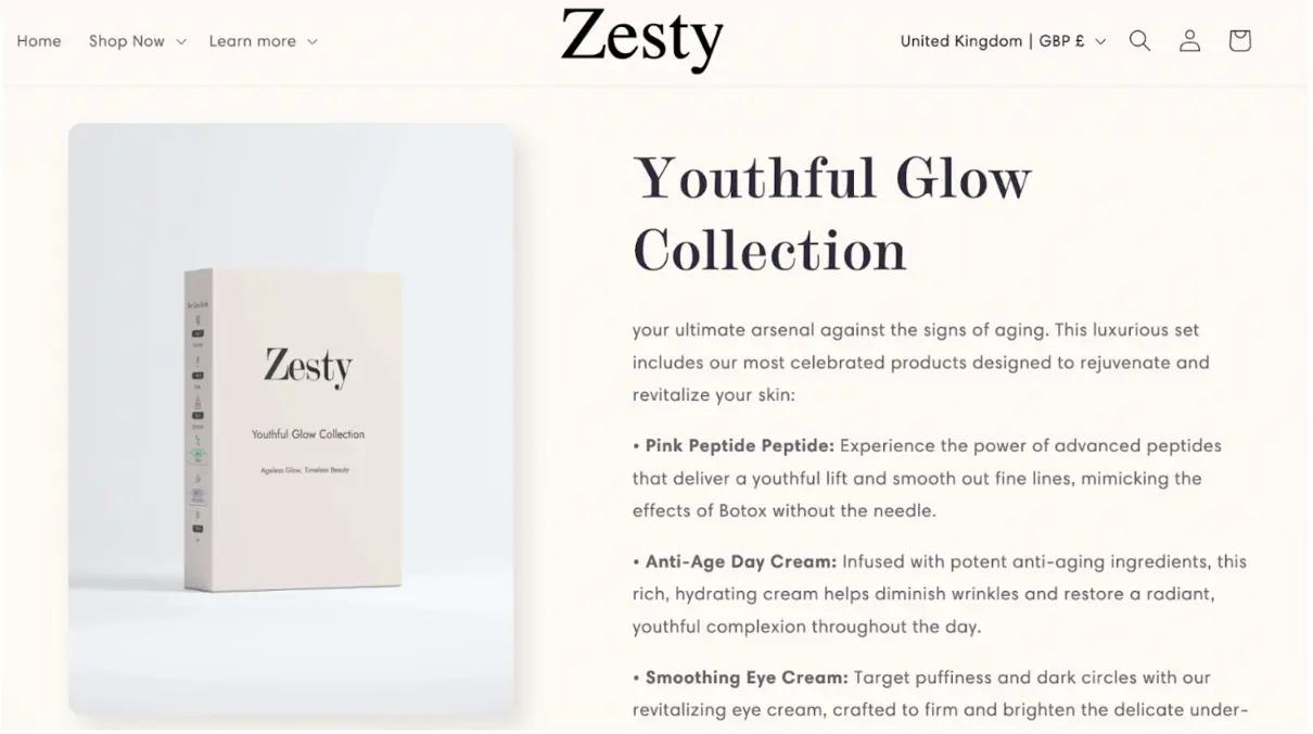 Zesty Youthful Glow Collection packaging and description, highlighting Pink Peptide Peptide, Anti-Age Day Cream, and Smoothing Eye Cream.