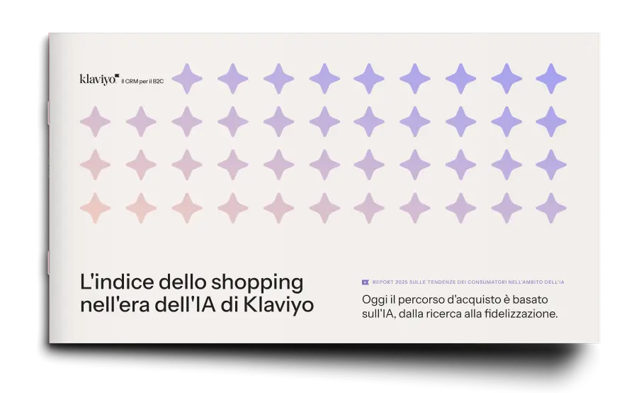 Copertina del report "L'indice dello shopping nell'era dell'IA di Klaviyo" con motivi geometrici e testo descrittivo.