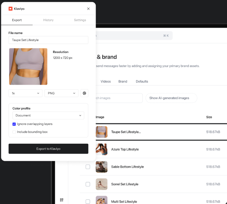 Klaviyo interface displaying an export dialog for the "Taupe Set Lifestyle" image, showing a person in taupe activewear and export settings.