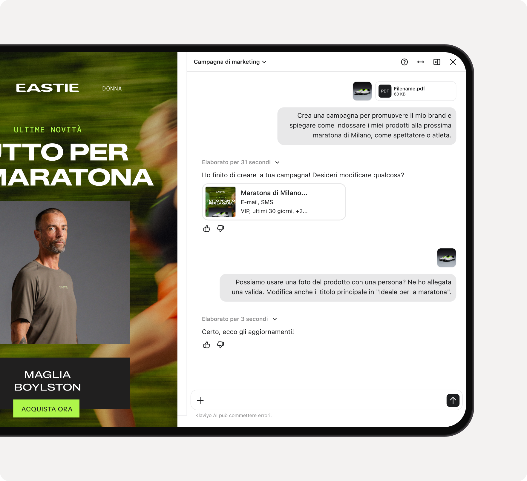 AI chat for marketing campaign generation next to a product page featuring white and neon green EASTIE trail running shoes.