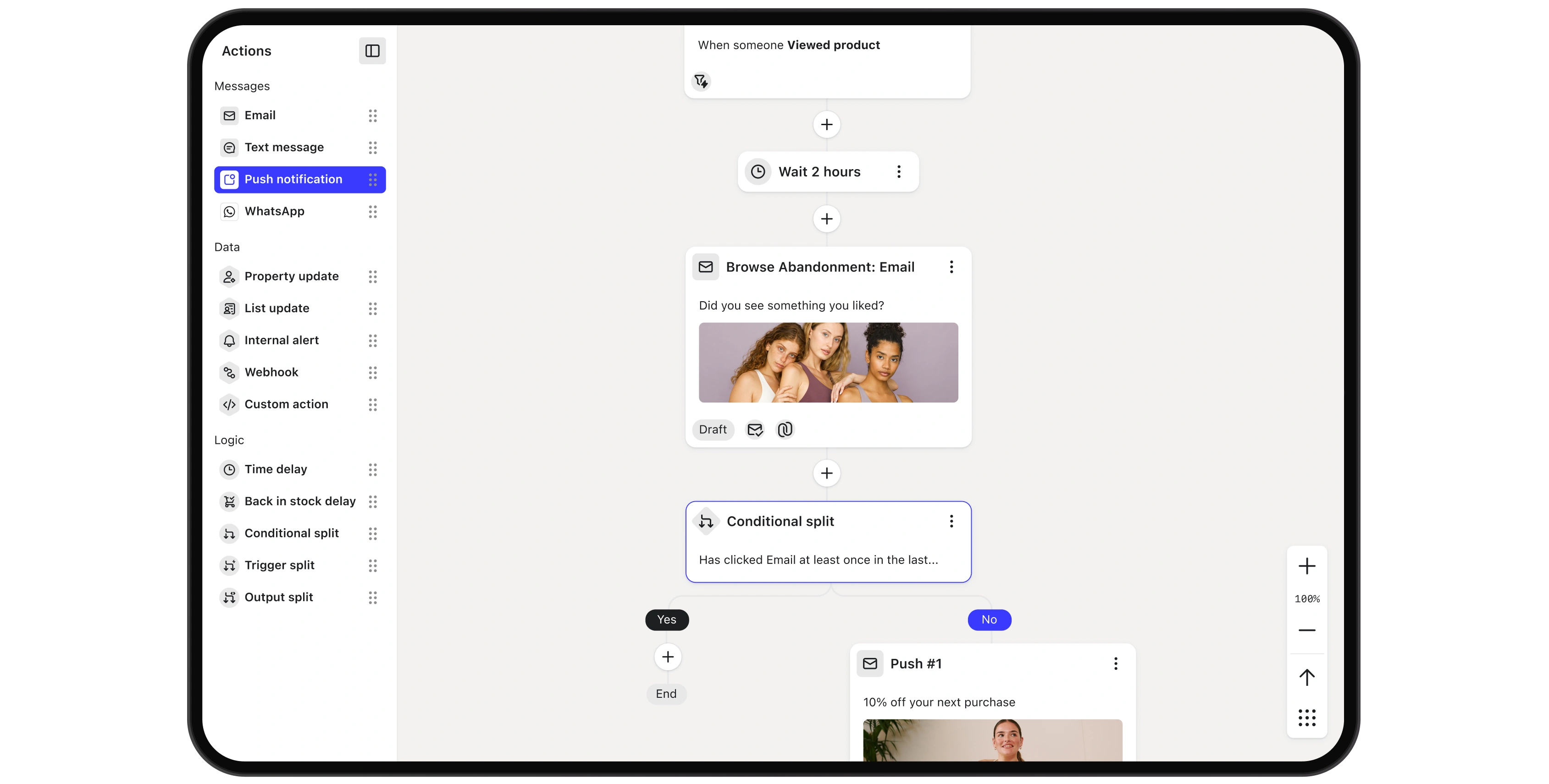 Marketing automation workflow with a browse abandonment email, conditional split, and push notification.