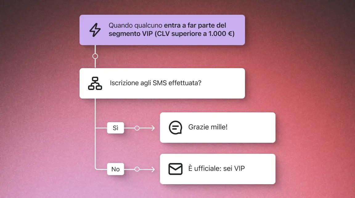 Diagramma di flusso per l'ingresso nel segmento VIP. Include decisioni su iscrizione SMS e messaggi di conferma.